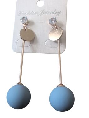 Blue Ball Drop Earrings Gold Tone Geometric Dangle Statement Earrings Rhinestone